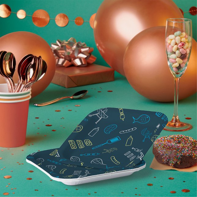 BBQ Icons Pattern Grilling Tools Meat Food  Paper Plate (Creator Uploaded)