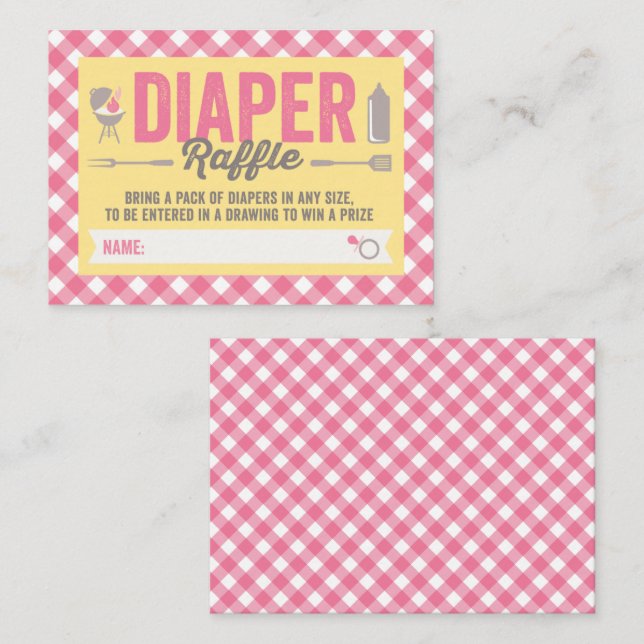 BBQ Icons Pink Checks Diaper Raffle Ticket Card (Front/Back)