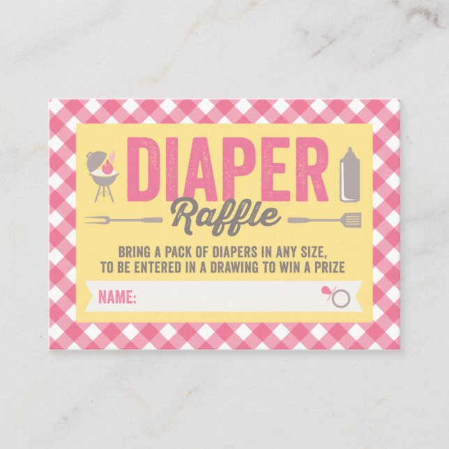 BBQ Icons Pink Checks Diaper Raffle Ticket Card (Front)