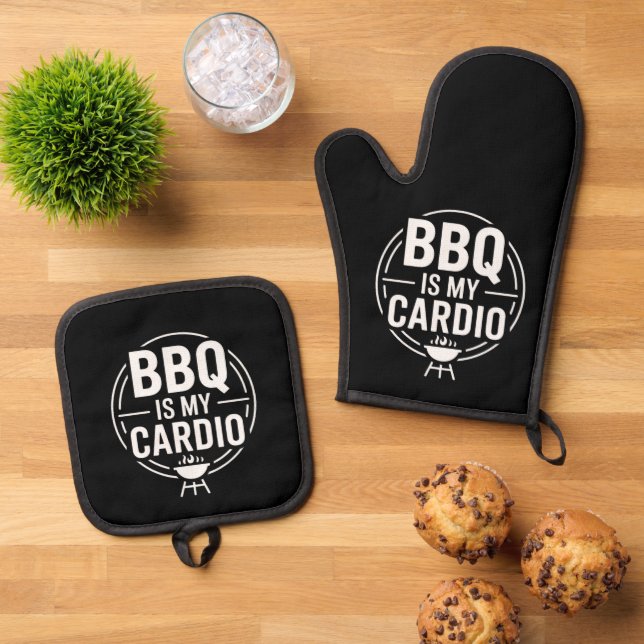 BBQ Is My Cardio Grill Dad Humor Oven Mitt & Pot Holder Set (Top Down)