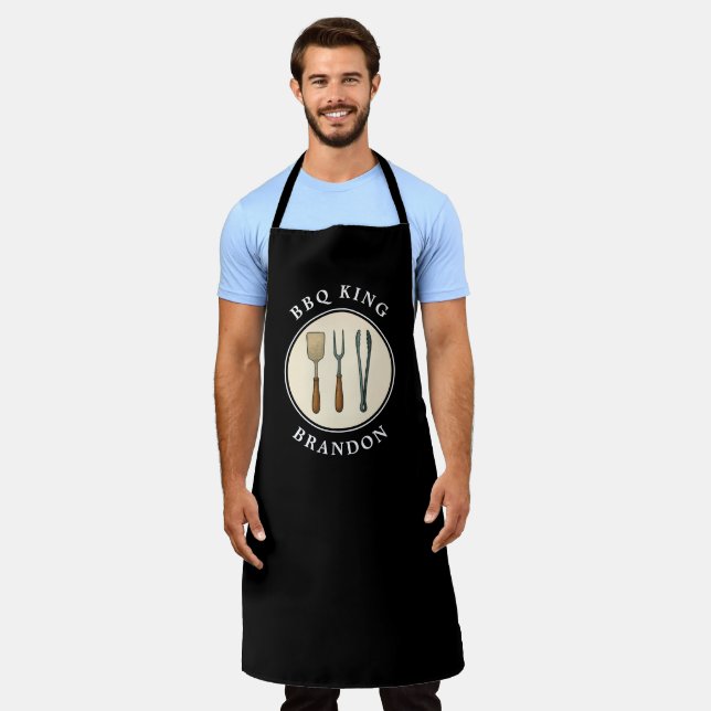 BBQ King Grilling Tools Emblem Dad Name Apron (Worn)