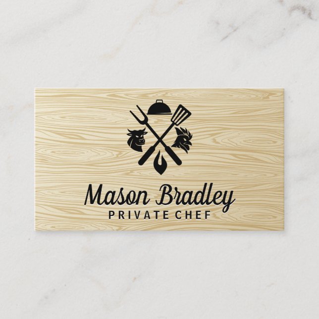 BBQ Logo | Chicken | Beef | Wood Grain Business Card (Front)