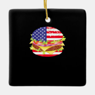 BBQ Lovers Hamburger USA Flag 4th Of July BBQ Ceramic Ornament