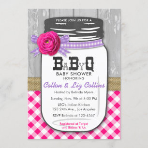 BBQ Mason Jar Baby Shower Invitation Pink & Purple