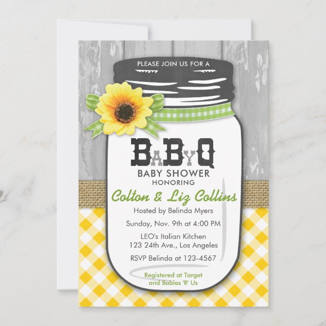 BBQ Mason Jar Baby Shower Invitation Yellow Green (Front)