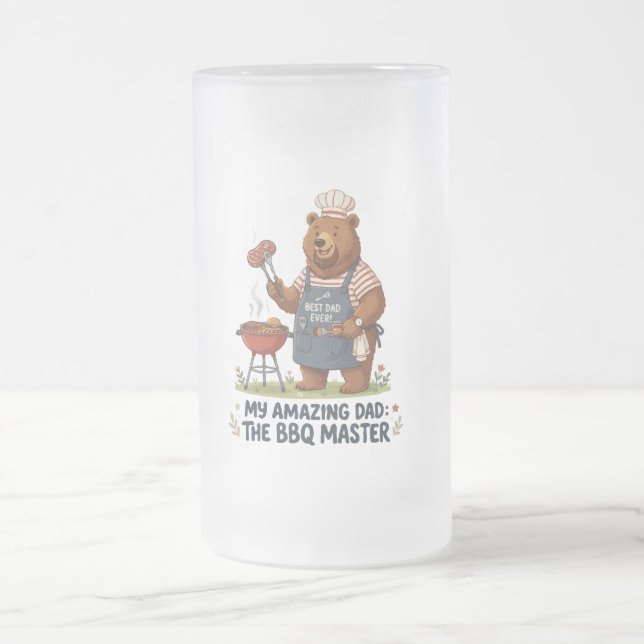 BBQ Master Bear Dad Design Frosted Glass Beer Mug (Center)