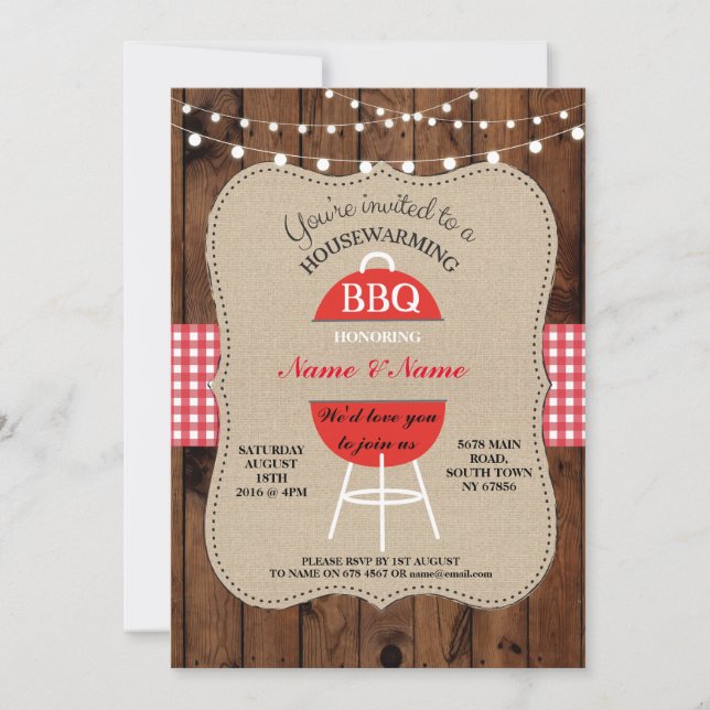 BBQ New Home Sweet HouseWarming Rustic Wood Invite (Front)