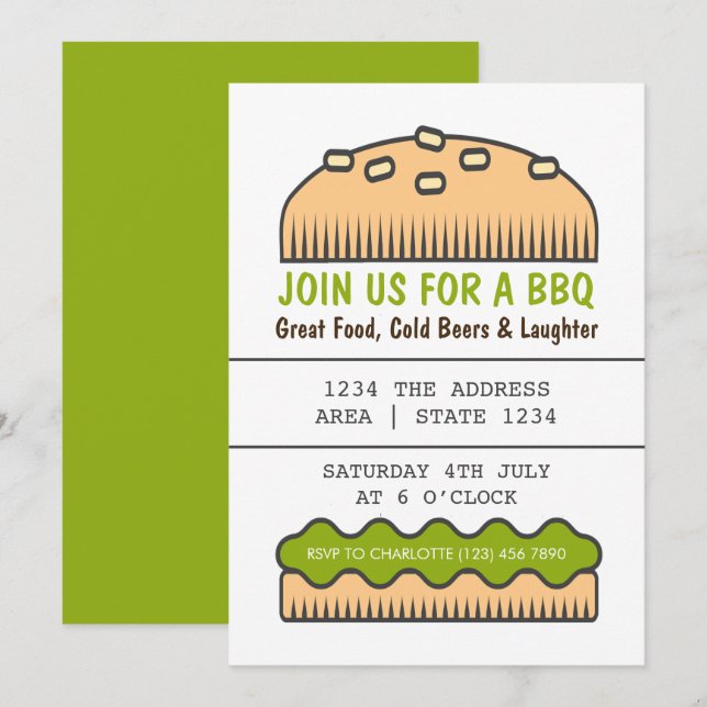 BBQ Party Big Burger Bun In Green Invitation (Front/Back)