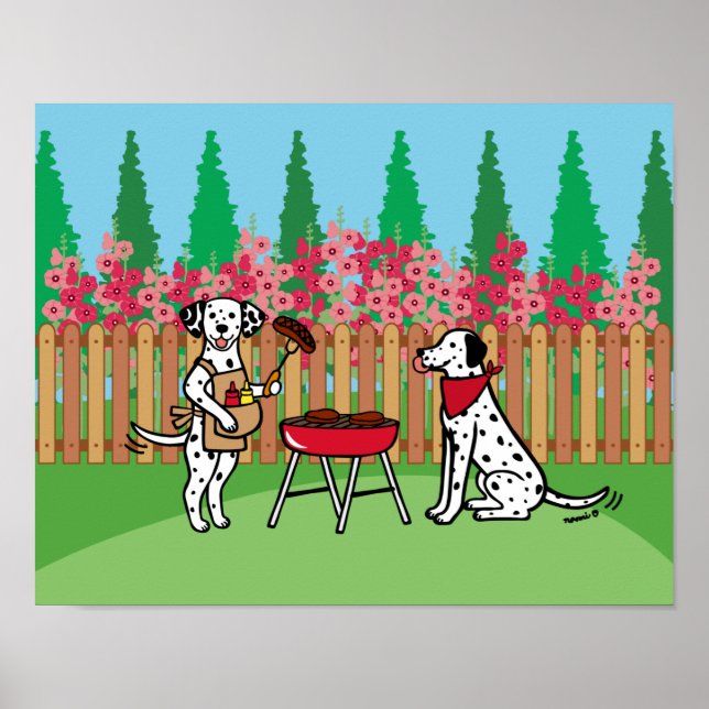 BBQ Party Dalmatians Hollyhock Flowers Cartoon Poster (Front)
