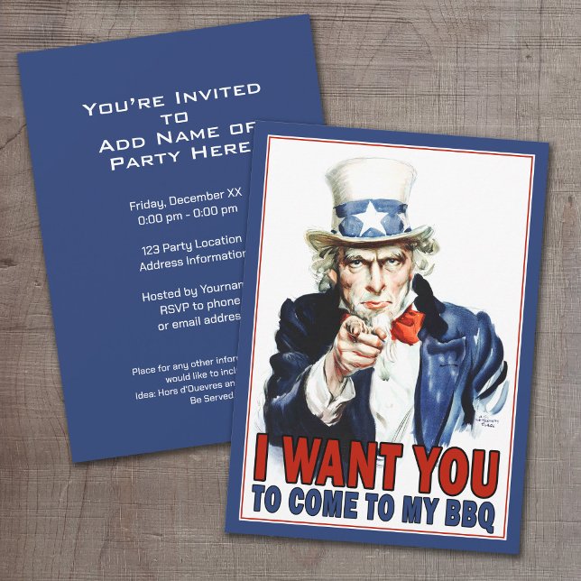 BBQ / Party Invitation: Vintage Uncle Sam Invitation (Patriotic Party Invitation - Uncle Sam I WANT YOU to come to my party)