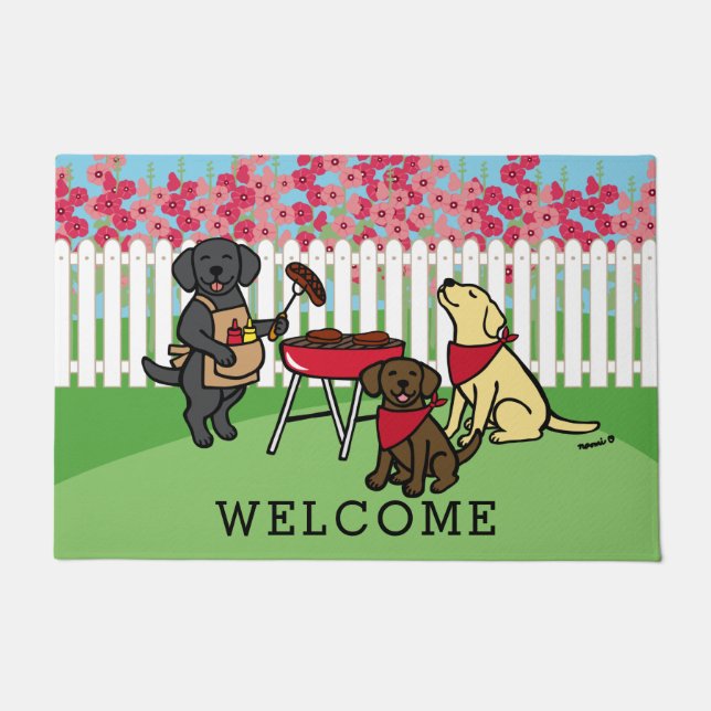 BBQ Party Labradors Hollyhock Flowers Doormat (Front)