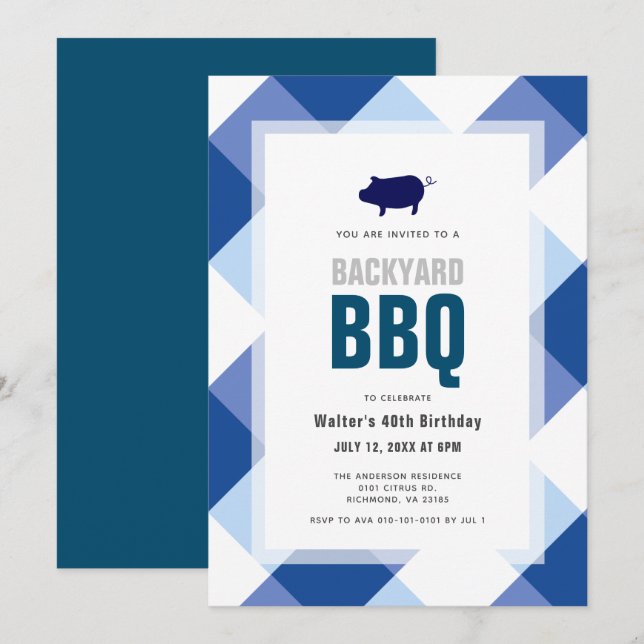 BBQ Pig Roast Navy Gingham Adult Birthday Invitation (Front/Back)