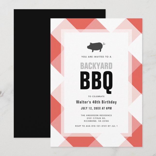 BBQ Pig Roast Red Gingham Adult Birthday Invitation (Front/Back)