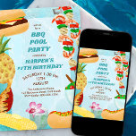 BBQ Pool Party Birthday Invitation<br><div class="desc">BBQ Pool Party birthday party invitation with tasty barbecue food on a swimming pool water background. The design has a burger, hotdog, chicken drumstick, kebab, corn on the cob, salad bowl, pineapple and a drink. BBQ Pool Party (editable) is lettered in retro typography and the invitation template is ready for...</div>