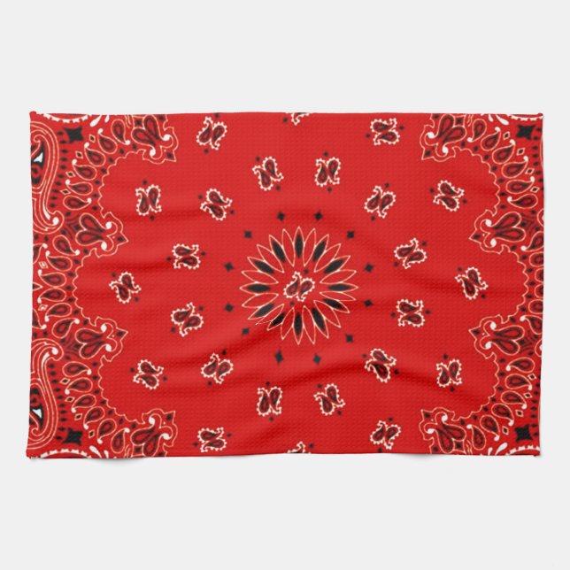 BBQ Red Paisley Western Bandanna Scarf Print Tea Towel (Horizontal)