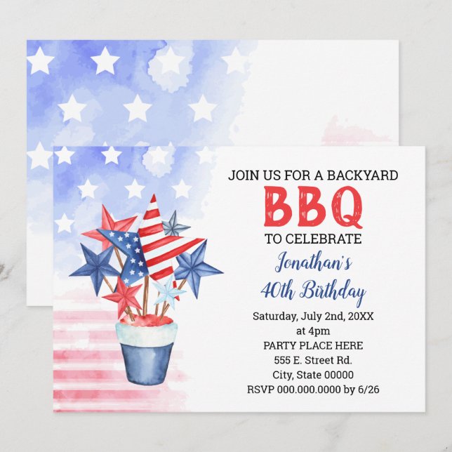 BBQ Red White & Blue Patriotic Birthday Party Invitation (Front/Back)