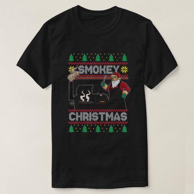 BBQ Santa Grilling Roast On Smoker T-Shirt (Design Front)