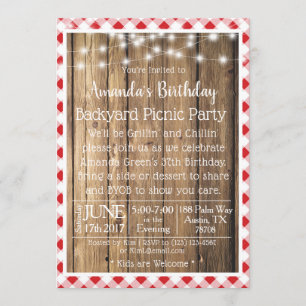 BBQ Wood Rustic Red Gingham Picnic Birthday Party Invitation