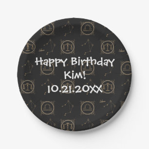Bday Black & Gold Zodiac Libra Astrology Star Sign Paper Plate