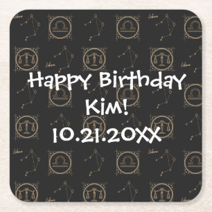 Bday Black & Gold Zodiac Libra Astrology Star Sign Square Paper Coaster
