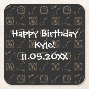 Bday Black Gold Zodiac Scorpio Astrology Star Sign Square Paper Coaster