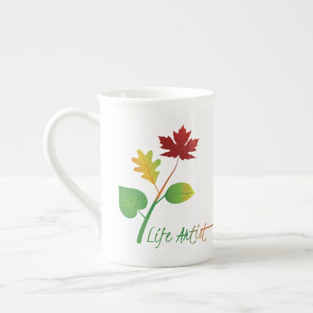 Be a Life Artist Motivational Quote, with Leaves Bone China Mug (Left)