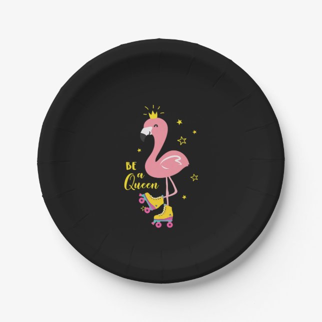 Be A Queen Pink Flamingo Skate Roller Women Girls Paper Plate (Front)