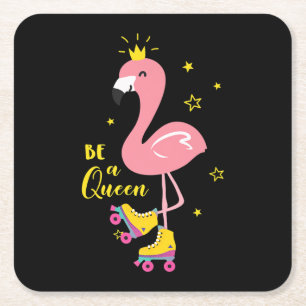 Be A Queen Pink Flamingo Skate Roller Women Girls Square Paper Coaster