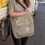 Be a Traveller Not a Tourist Map Typography Quote Tote Bag<br><div class="desc">Our tan sepia tone vintage map tote bag is a perfect gift for the travel lover in your life! Design features the quote, "Be a Traveller, Not a Tourist" in white monoline typography with two arrow illustrations, overlaid on a vintage 1708 world map. Design reverses to the plan map design...</div>