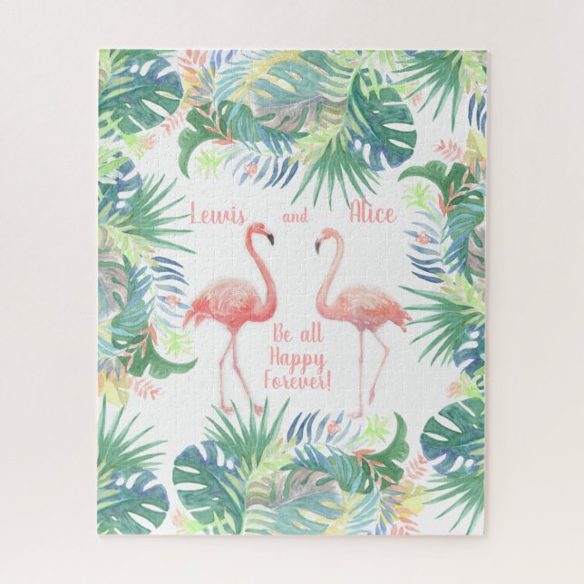 Be all Happy Forever! Fairy Tale Two Pink Flamingo Jigsaw Puzzle (Vertical)