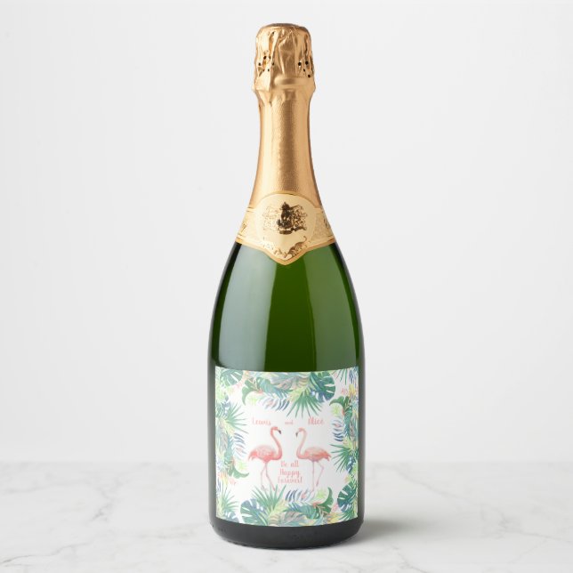 Be all Happy Forever! Fairy Tale Two Pink Flamingo Sparkling Wine Label (Front)