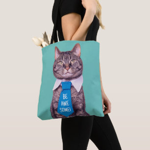 "BE AWESOME!" Cat in Blue Tie on Teal Your Message Tote Bag