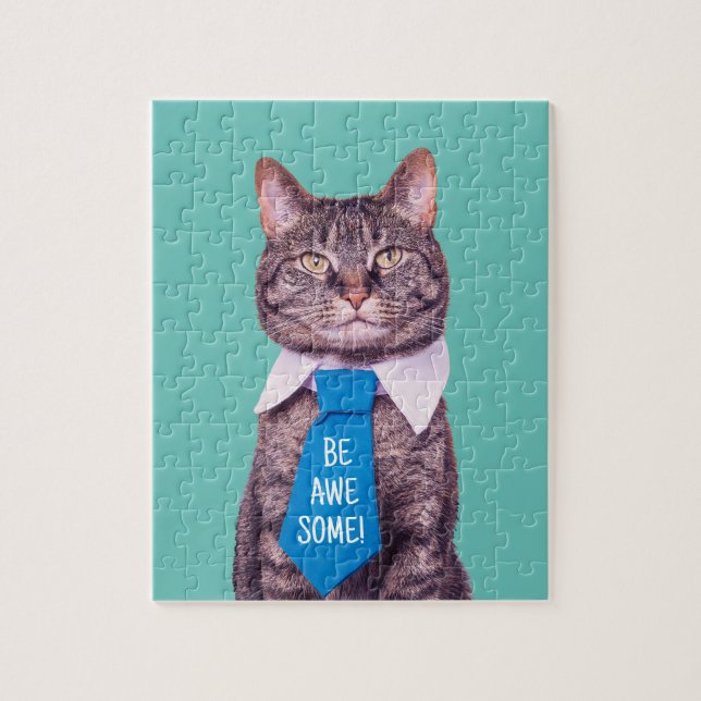 "BE AWESOME!" Cat in Blue Tie, Teal, Your Messag Jigsaw Puzzle (Vertical)