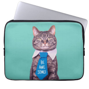 "BE AWESOME!" Cat in Blue Tie, Teal, Your Messag Laptop Sleeve