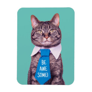 "BE AWESOME!" Cat in Blue Tie, Teal, Your Messag Magnet