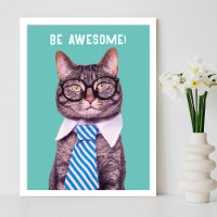 "BE AWESOME!" Cat Tie & Glasses, Teal Your Message