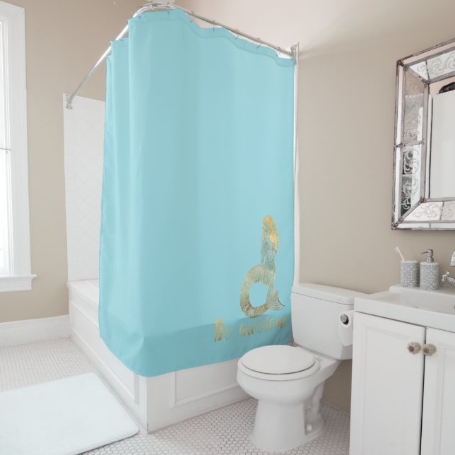 Be Awesome Gold Aqua Sparkle Mermaid Shower Curtain (In Situ)
