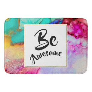 Be Awesome Pink and Turquoise Abstract Watercolor Bath Mat