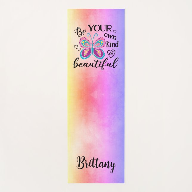 Be Beautiful Butterfly Pastel Watercolor Rainbow Yoga Mat (Front)