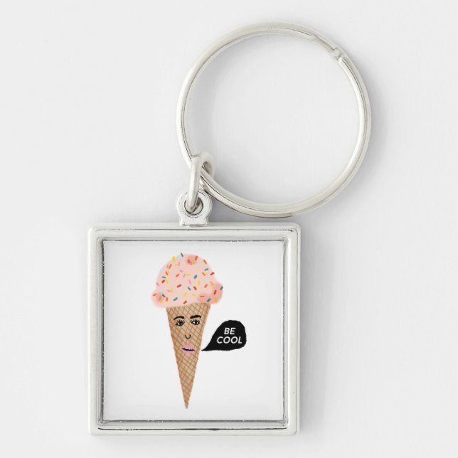 "BE COOL" Pink Ice Cream Cone with Sprinkles Funny Key Ring (Front)