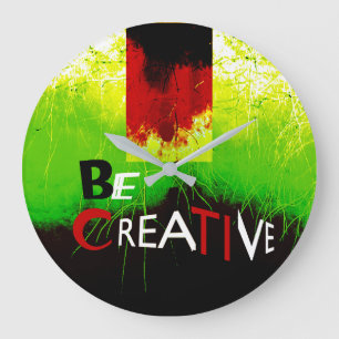 "Be Creative" Black Red-Orange Green on White  Large Clock