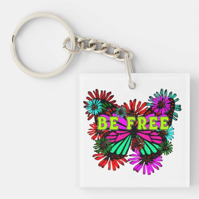 Be Free - Colourful Butterfly And Flowers Hippie Key Ring (Front)
