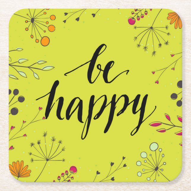 Be Happy 5 Square Paper Coaster (Front)