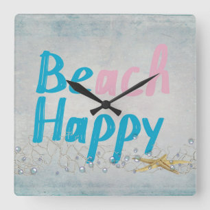 be happy-beach and starfish square wall clock