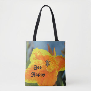 Be Happy Bee Pun Bright Orange Flower Photo Floral Tote Bag