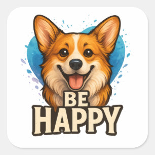 Be Happy Corgi Cute Dog Lover Design for Positive Square Sticker