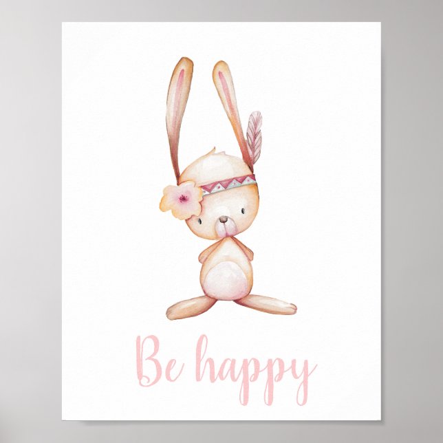 Be Happy Cute Baby Bunny Watercolor Boho Woodland Poster (Front)