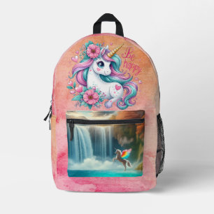 Be Happy Cute Unicorn Rainbow Magical Fantasy Printed Backpack