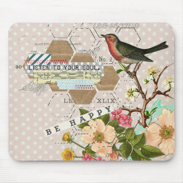 Be Happy Digital Bird collage Mouse Mat (Front)