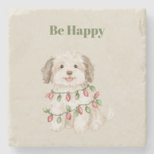 Be Happy Dog Christmas Lights Stone Coaster